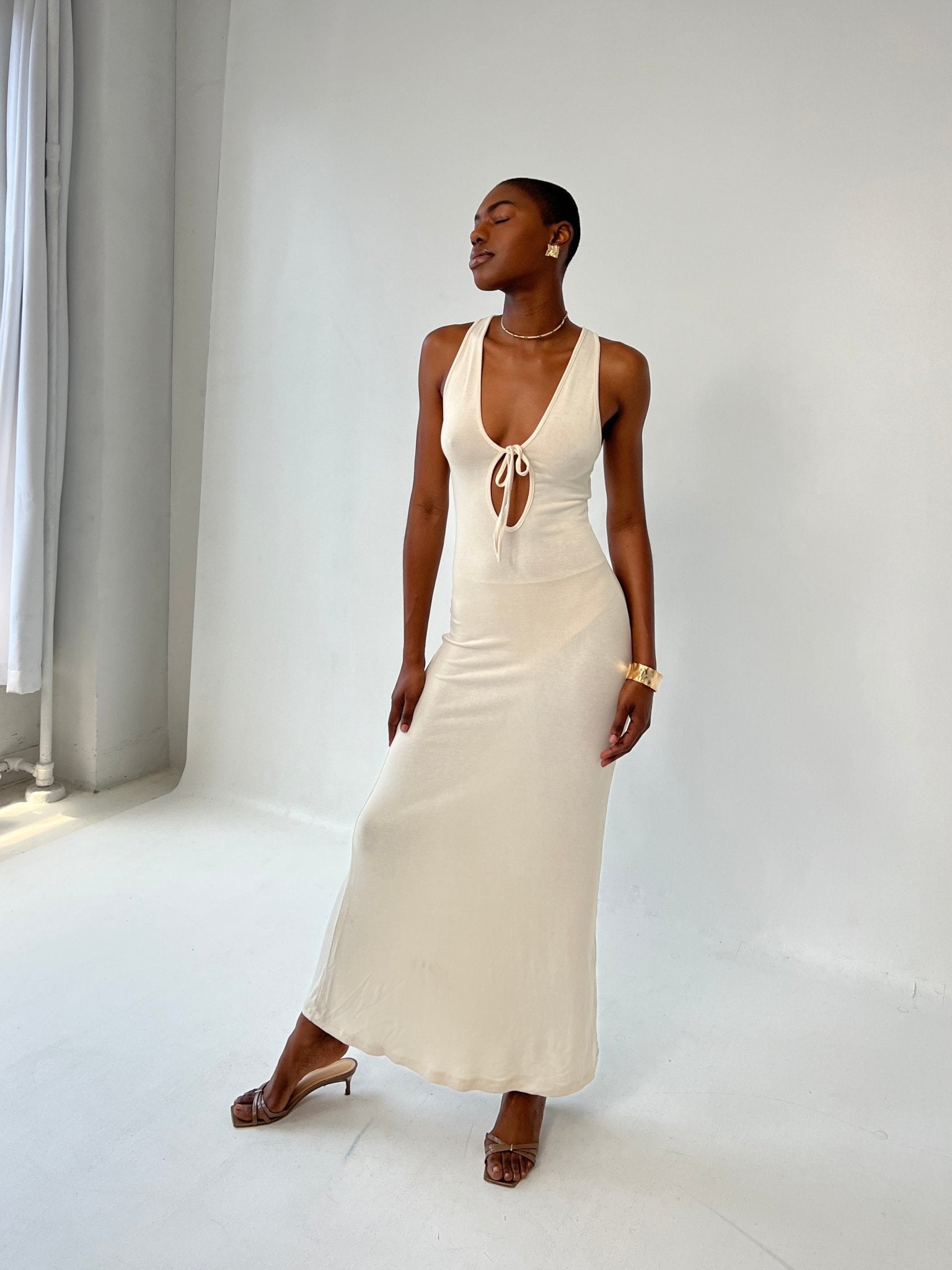 Cream Front Tie Aria Dress - KNYT STUDIOS