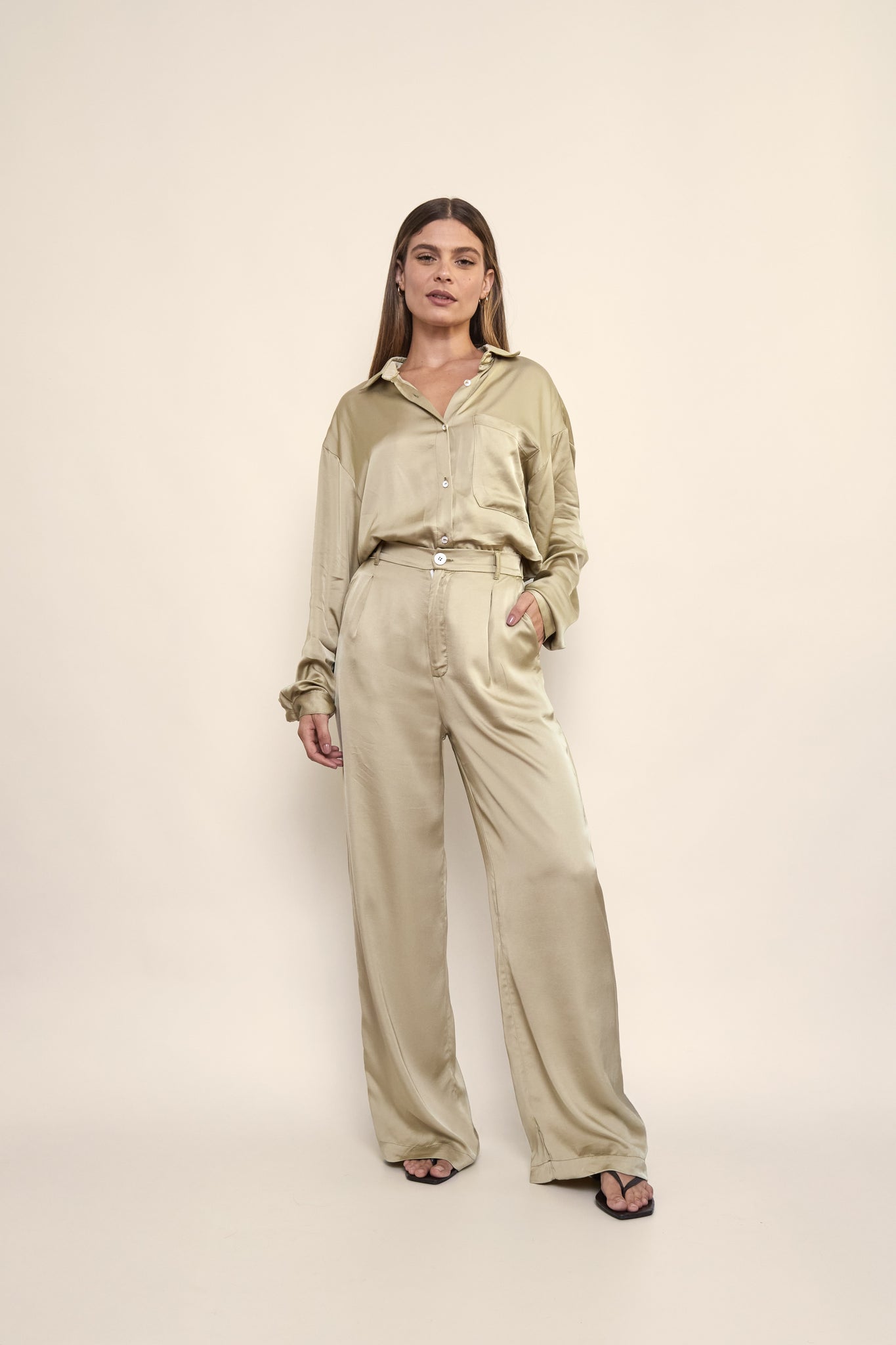 Lila Satin Shirt in Sage