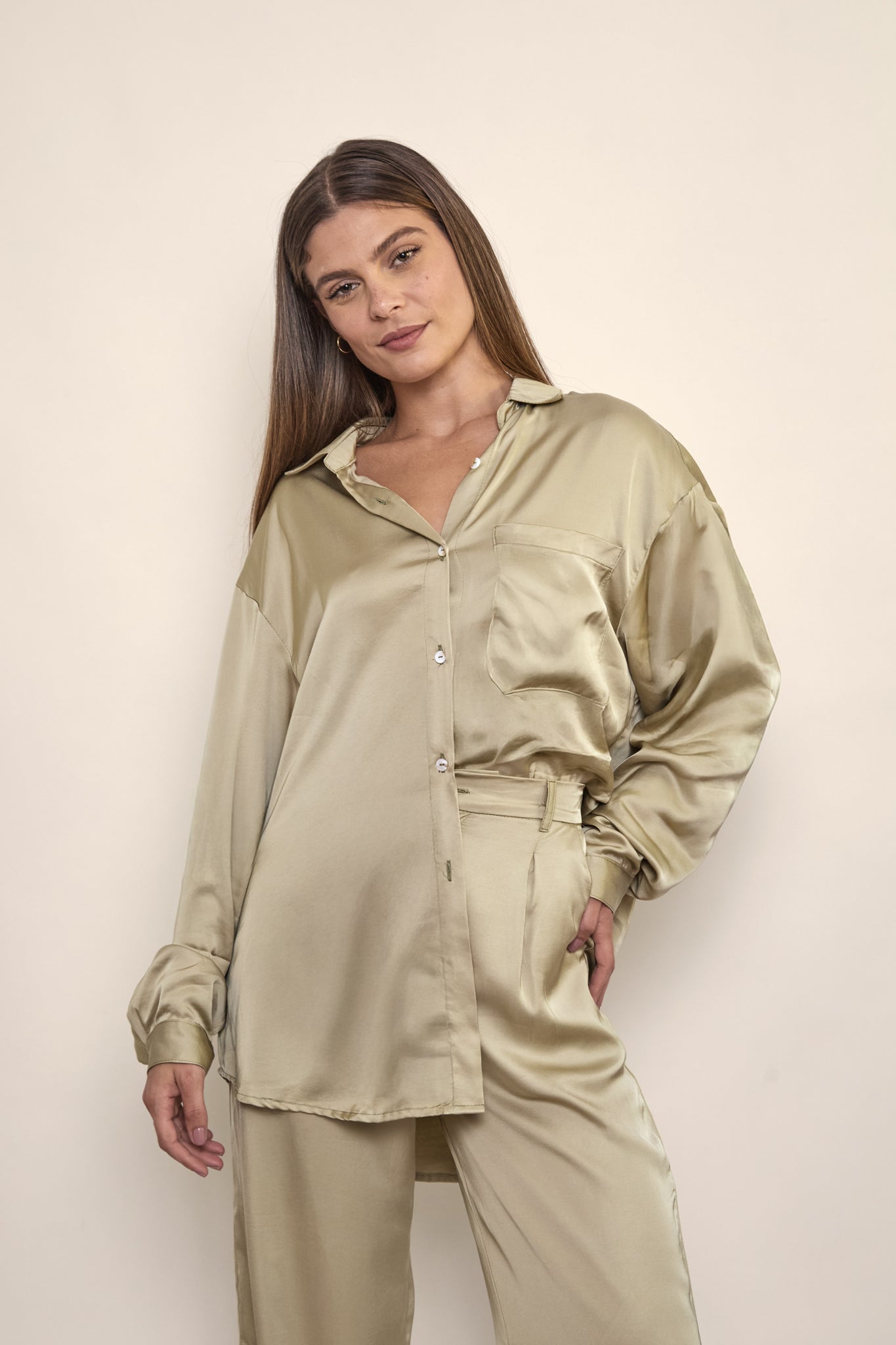 Lila Satin Shirt in Sage