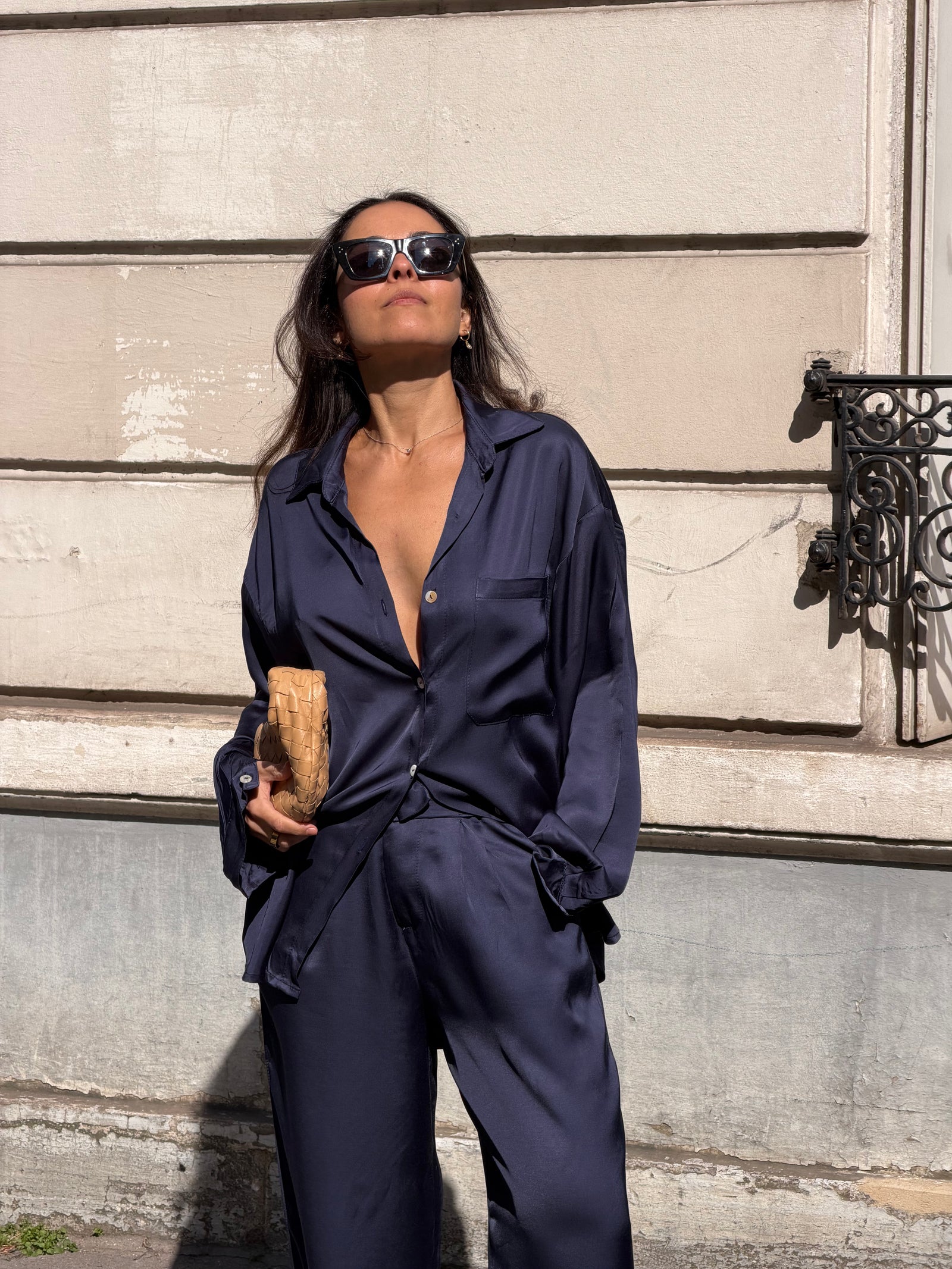 Lila Satin Shirt in Navy Blue