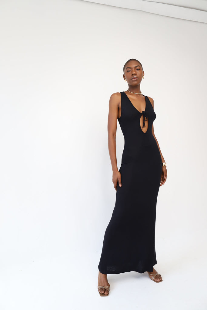 Black Front Tie Aria Maxi Dress - KNYT STUDIOS