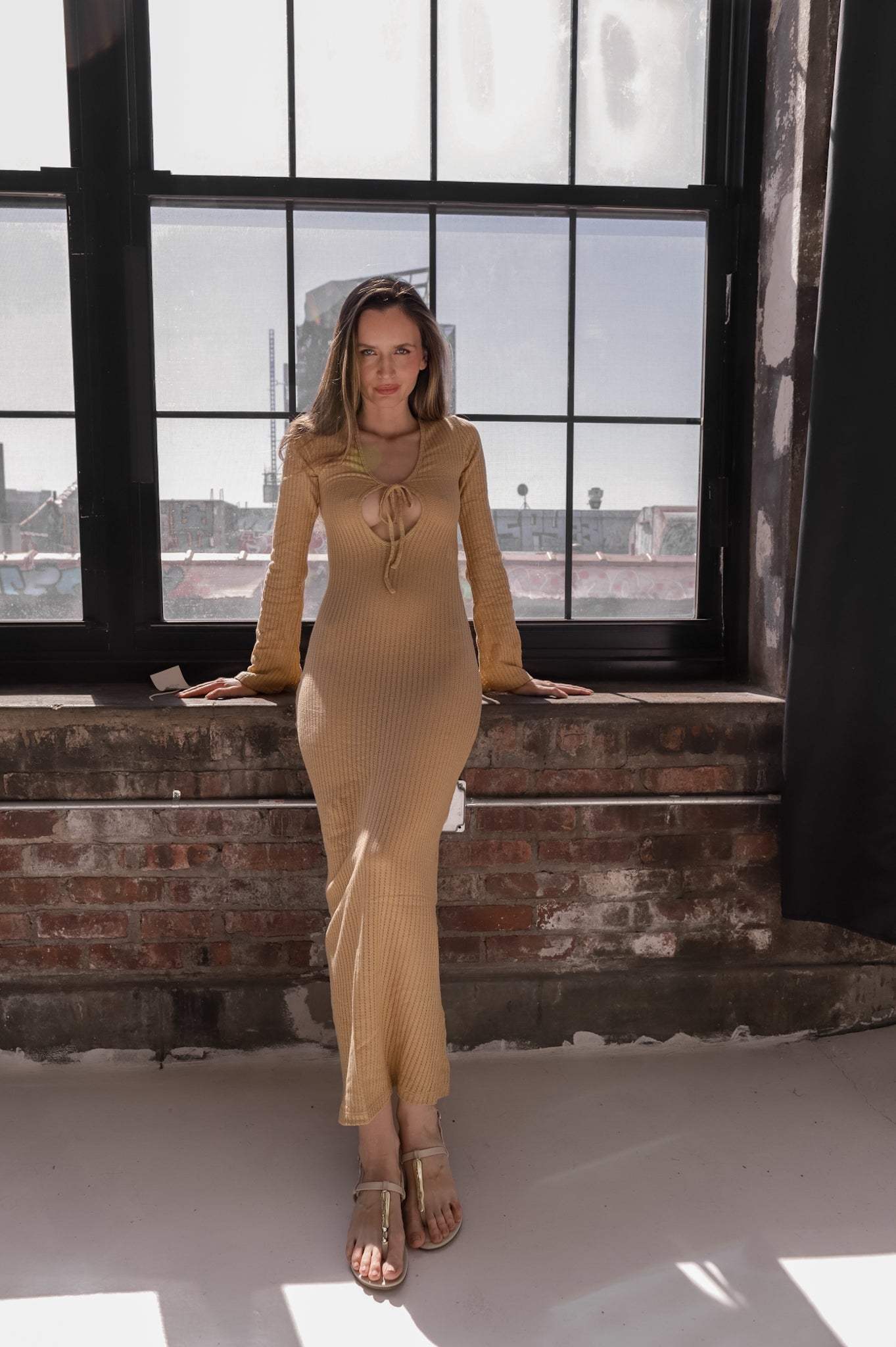 Camel Long Sleeve Aria Dress - KNYT STUDIOS