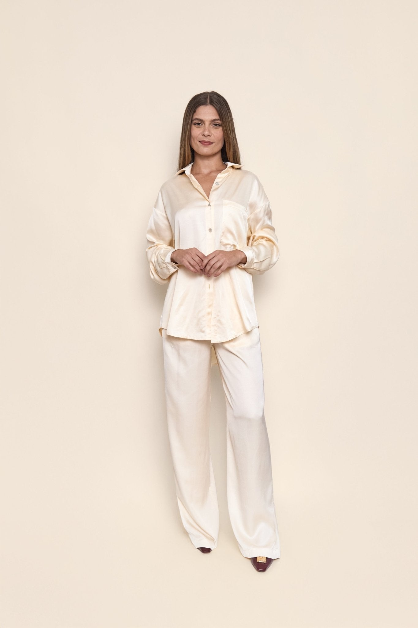 Lila Satin Pants in Off-White - KNYT STUDIOS
