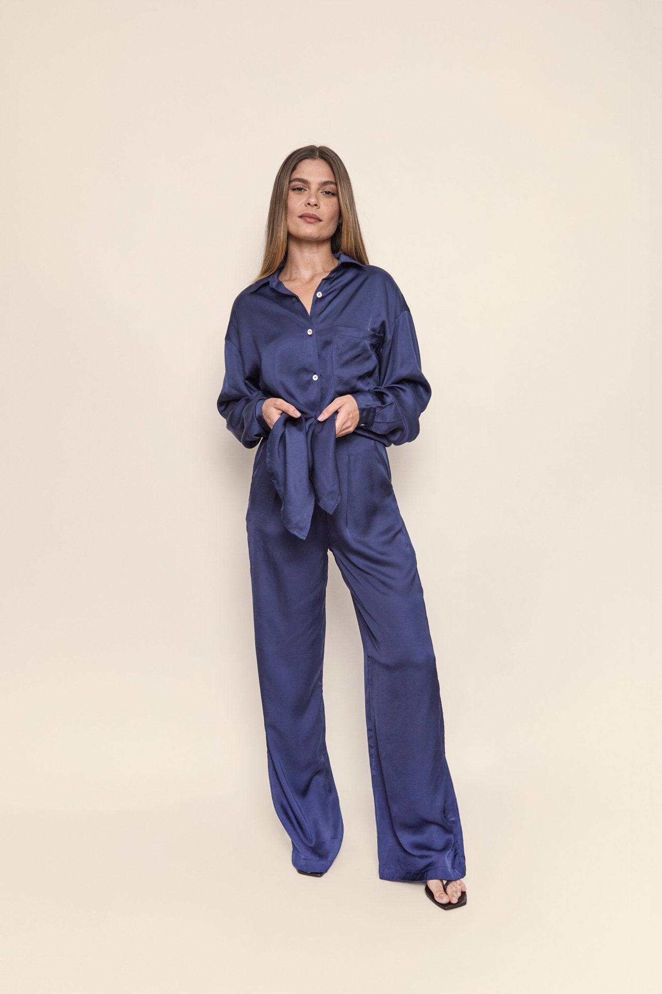 Lila Satin Shirt in Navy Blue - KNYT STUDIOS